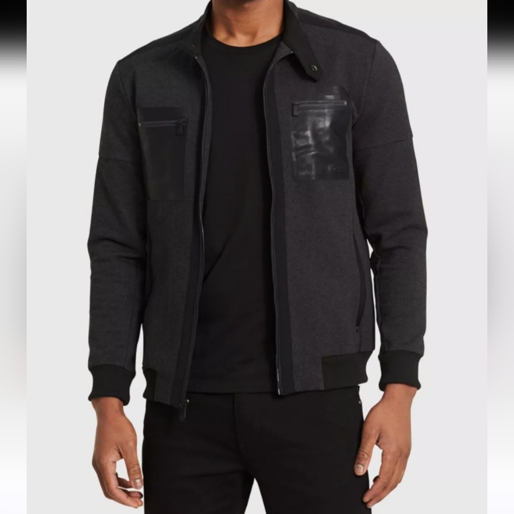 Calvin Klein Men's Black Zip-Up Jacket with Leather Accents & Pockets NWT Sz. XL